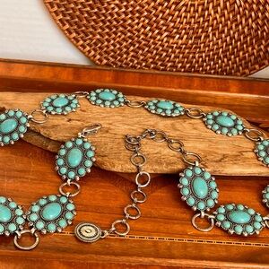 VTG Western Concho Belt Faux Turquoise Silver Tone Adjustable 34–42” Festival